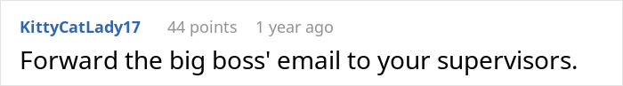 Screenshot of an online comment about forwarding the big boss' email amid an office swap conflict causing frustration and tears. Screenshot of an online comment about forwarding the big boss' email amid an office swap conflict causing frustration and tears.