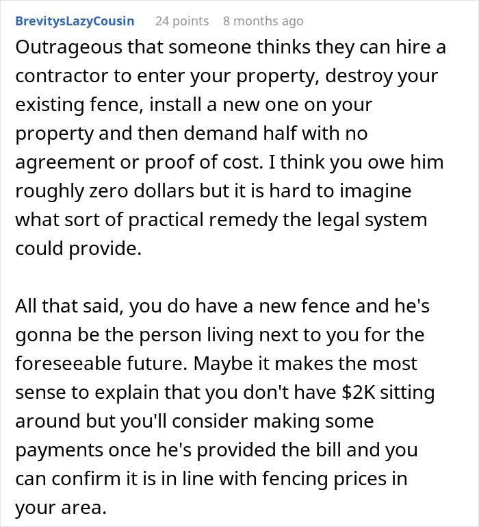 Neighbor disputes over $2000 payment after replacing rotten fence without agreement between homeowners. Neighbor disputes over $2000 payment after replacing rotten fence without agreement between homeowners.