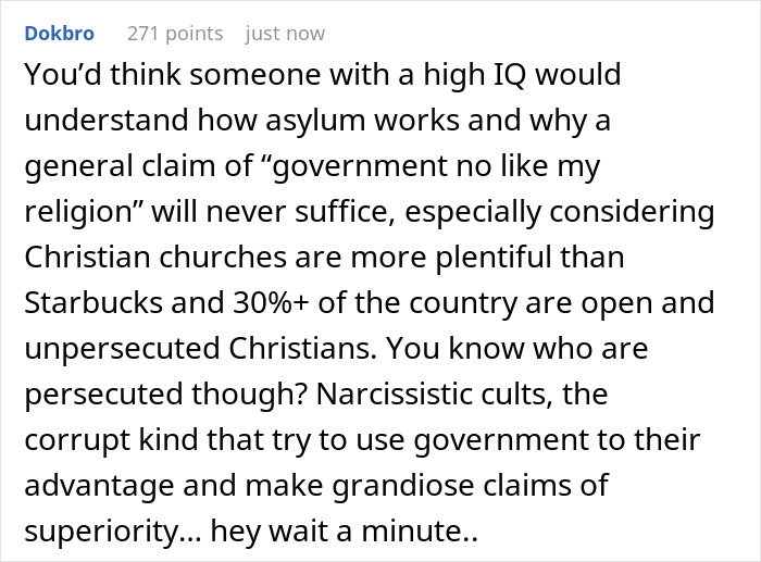 Comment criticizing the South Korean man labeled world’s smartest for misunderstanding US asylum rules and persecution claims. Comment criticizing the South Korean man labeled world’s smartest for misunderstanding US asylum rules and persecution claims.