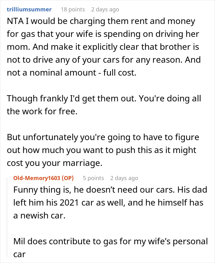 Text conversation about a man supporting his in-laws and conflict over his wife being cut out of the will by MIL. Text conversation about a man supporting his in-laws and conflict over his wife being cut out of the will by MIL.