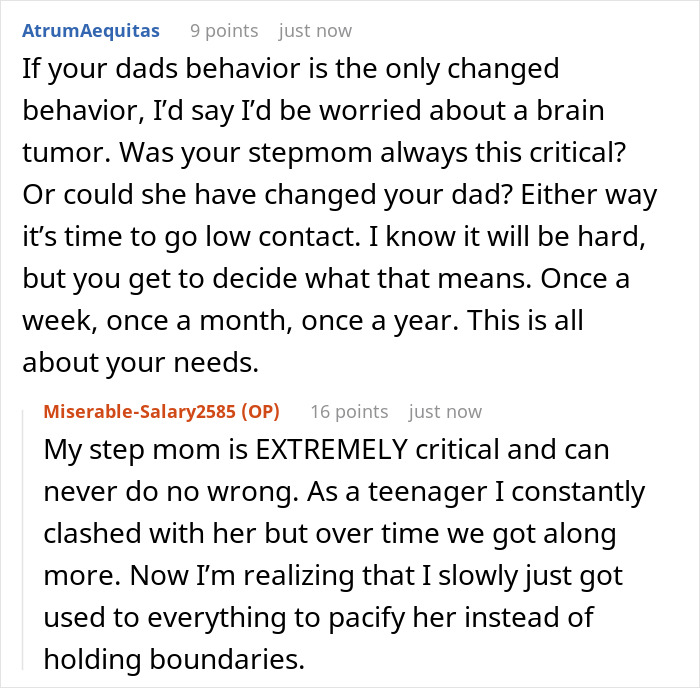 Reddit conversation about toxic dad’s behavior and its impact on family, with mentions of critical stepmom and personal boundaries. Reddit conversation about toxic dad’s behavior and its impact on family, with mentions of critical stepmom and personal boundaries.