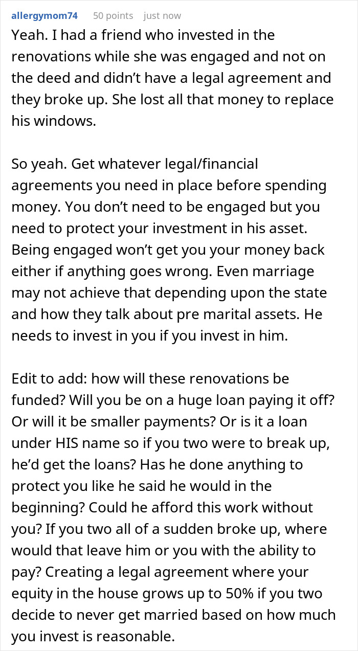Comment discussing boyfriend-girlfriend renovation financing conflict and issues of marriage seen as a transaction. Comment discussing boyfriend-girlfriend renovation financing conflict and issues of marriage seen as a transaction.