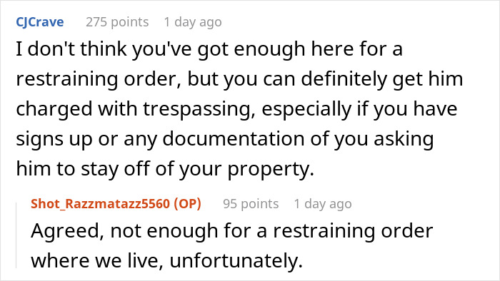 Screenshot of a discussion about trespassing and restraining orders after a neighbor visits a couple early in the morning. Screenshot of a discussion about trespassing and restraining orders after a neighbor visits a couple early in the morning.