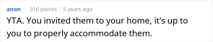 Comment text on a white background expressing opinion about accommodating guests properly in a home setting.