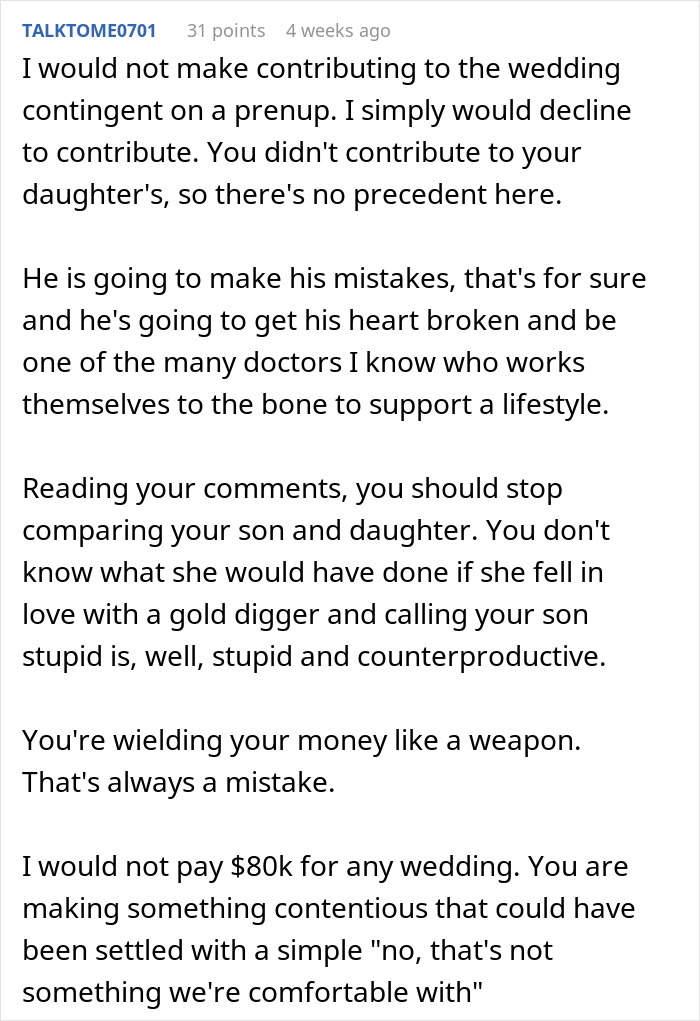Commenter discusses $80,000 wedding demand and wealthy in-laws asking for a prenup in a family dispute. Commenter discusses $80,000 wedding demand and wealthy in-laws asking for a prenup in a family dispute.