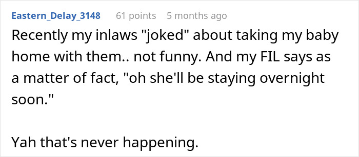 Text post discussing why a mom feels uncomfortable leaving her baby alone with her mom or mother-in-law.