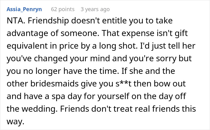 Screenshot of an online comment about a bride wanting to upgrade her honeymoon at bridesmaid’s expense and facing criticism.