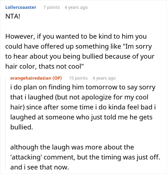 Screenshot of an online discussion about dyeing hair orange and the related classmate drama involving bullying and apologies. Screenshot of an online discussion about dyeing hair orange and the related classmate drama involving bullying and apologies.
