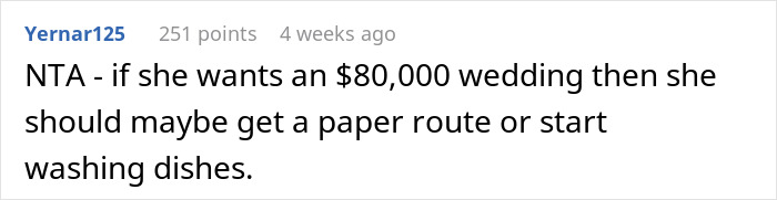 Comment discussing future daughter-in-law demanding an $80,000 wedding while wealthy in-laws request a prenup in return. Comment discussing future daughter-in-law demanding an $80,000 wedding while wealthy in-laws request a prenup in return.