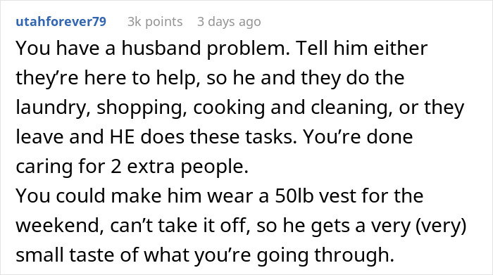 Comment discussing a pregnant woman demand husband respect, suggesting shared household duties and empathy through a weighted vest.