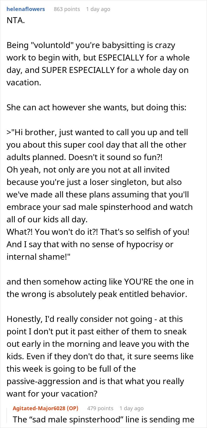 Screenshot of a Reddit discussion about refusing babysitting on vacation and being called selfish for having a life. Screenshot of a Reddit discussion about refusing babysitting on vacation and being called selfish for having a life.