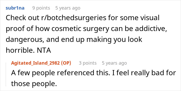Screenshot of an online discussion warning about the dangers and a*******n of plastic surgeries with harsh opinions. Screenshot of an online discussion warning about the dangers and a*******n of plastic surgeries with harsh opinions.