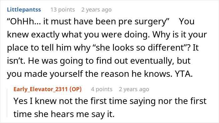 Screenshot of an online conversation about friendship crumbling after a surgery secret is exposed to a husband. Screenshot of an online conversation about friendship crumbling after a surgery secret is exposed to a husband.