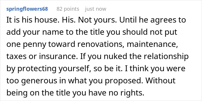 Reddit comment discussing girlfriend refusing to finance boyfriend’s $100k renovation without a ring, calling marriage a transaction. Reddit comment discussing girlfriend refusing to finance boyfriend’s $100k renovation without a ring, calling marriage a transaction.