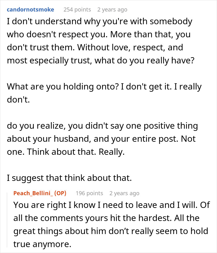 Comment exchange revealing distrust and respect issues in the relationship after man lies about a master’s degree. Comment exchange revealing distrust and respect issues in the relationship after man lies about a master’s degree.