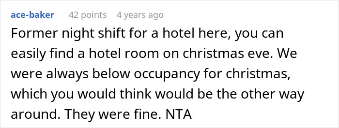Comment discussing hotel night shift experience and Christmas occupancy, relating to family surprise gone wrong at 1 a.m.