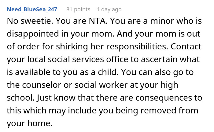 Comment on parenting retirement, where a 17-year-old calls out mom for making kids buy their own food. Comment on parenting retirement, where a 17-year-old calls out mom for making kids buy their own food.