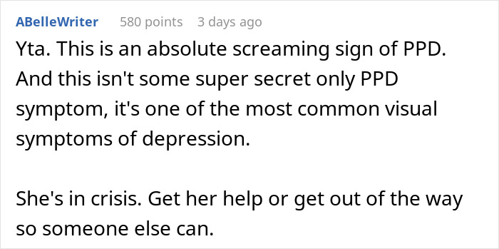 Text post about signs of postpartum depression and helping a woman in crisis, highlighting stay-at-home mom reality check.