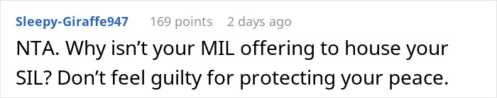 Screenshot of an online comment discussing a woman refusing to let her homeless sister-in-law move in. Screenshot of an online comment discussing a woman refusing to let her homeless sister-in-law move in.