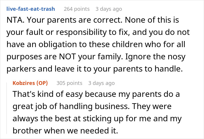 Screenshot of a Reddit conversation about parents wanting their abandoned son to play happy family with siblings. Screenshot of a Reddit conversation about parents wanting their abandoned son to play happy family with siblings.