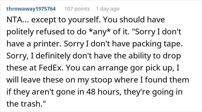 Reddit comment advising refusal to pay for returning packages sent to wrong address by company.