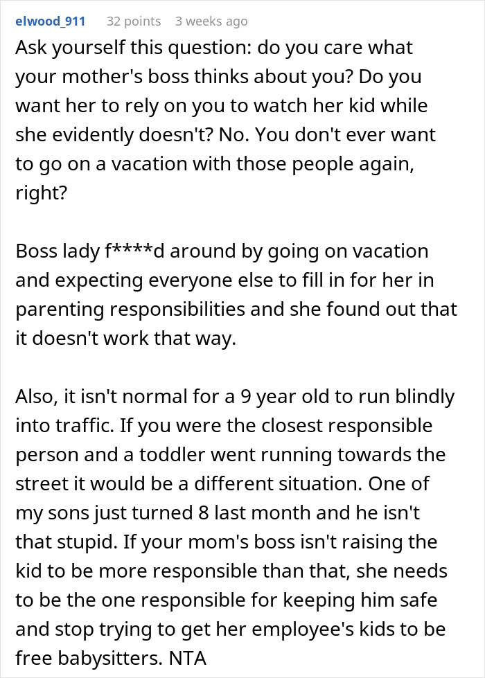 Text comment about a teen being blamed for not stopping a kid from running into traffic, discussing parenting responsibility. Text comment about a teen being blamed for not stopping a kid from running into traffic, discussing parenting responsibility.