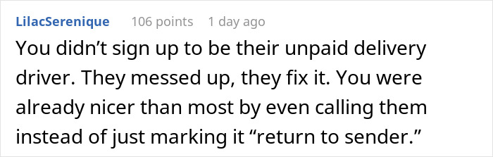 Comment on delivery issue, stating the company’s mistake and refusal to cover return shipping costs by wrong address recipient.