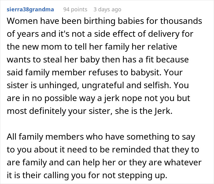 Reddit comment discussing sibling refusing newborn nephew care, highlighting family tensions and babysitting conflicts. Reddit comment discussing sibling refusing newborn nephew care, highlighting family tensions and babysitting conflicts.