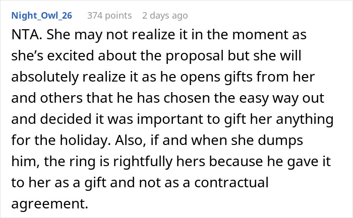 Comment discussing a man who thinks his proposal counts as a Christmas gift and receives a reality check. Comment discussing a man who thinks his proposal counts as a Christmas gift and receives a reality check.