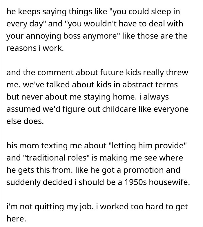 Text conversation about a woman refusing to quit her job after husband’s promotion and MIL lecturing on gender roles.