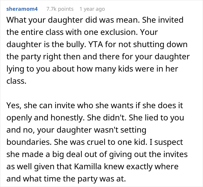Text comment criticizing a mom for supporting her 13-year-old’s mean plan to exclude one girl from a school party. Text comment criticizing a mom for supporting her 13-year-old’s mean plan to exclude one girl from a school party.