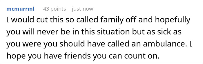 Comment text on a white background from user mcmurrml expressing concern for a woman fighting for her life in hospital. Comment text on a white background from user mcmurrml expressing concern for a woman fighting for her life in hospital.