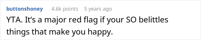 Screenshot of a Reddit comment discussing relationship issues with a partner mocking fangirling over a K-pop band.