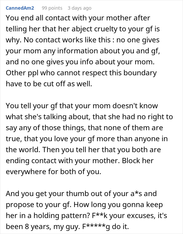 Man cuts ties with mother after she reveals true colors in texts to his girlfriend, ending all contact and setting boundaries.