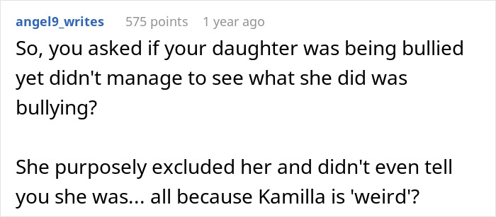 Screenshot of a Reddit comment discussing a 13-year-old refusing to invite a girl from school and the resulting backlash. Screenshot of a Reddit comment discussing a 13-year-old refusing to invite a girl from school and the resulting backlash.