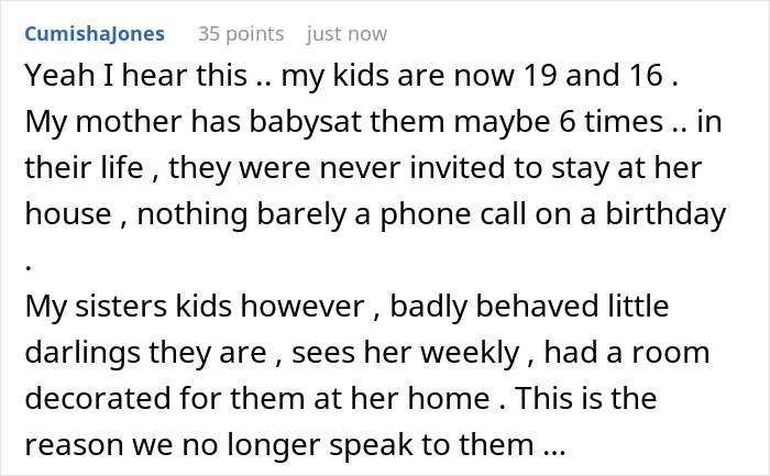 Comment describing MIL admitting to a favorite grandchild and treating others like burdens, causing family tension. Comment describing MIL admitting to a favorite grandchild and treating others like burdens, causing family tension.