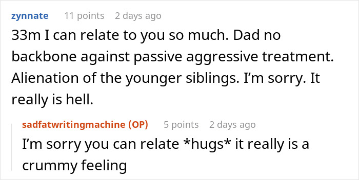 Screenshot of a Reddit conversation discussing family conflicts and passive aggressive treatment related to stepdaughter’s sexuality. Screenshot of a Reddit conversation discussing family conflicts and passive aggressive treatment related to stepdaughter’s sexuality.