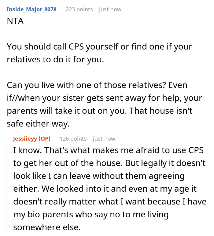 Screenshot of online discussion about a 16-year-old feeling trapped by a mentally unstable sister and parents prioritizing her care.