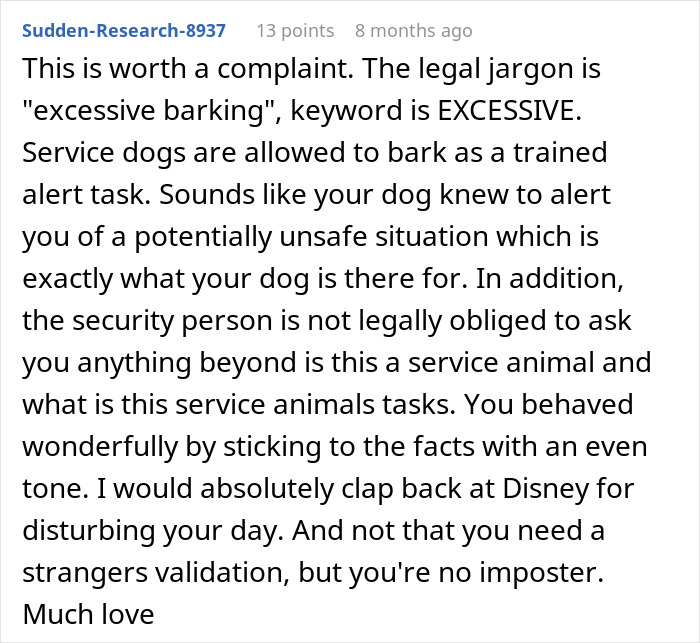 Reddit comment discussing Disneyland security questions about a disabled woman bringing a service dog and related legal rights. Reddit comment discussing Disneyland security questions about a disabled woman bringing a service dog and related legal rights.