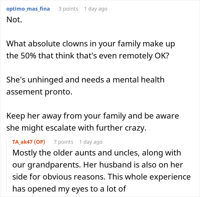 Screenshot of a heated online discussion about a woman deciding to destroy child's Christmas presents over charity conflicts.