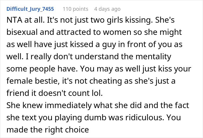 Comment discussing a girlfriend kissing another woman in front of friends and relationship trust issues. Comment discussing a girlfriend kissing another woman in front of friends and relationship trust issues.