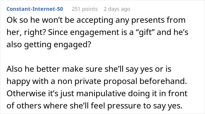 Man thinks proposal counts as Christmas gift, gets reality check about engagement and gift expectations. Man thinks proposal counts as Christmas gift, gets reality check about engagement and gift expectations.