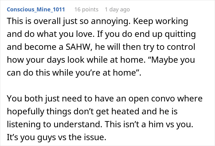 Comment discussing a woman refusing to quit job after husband’s promotion and addressing gender roles in a family conversation.