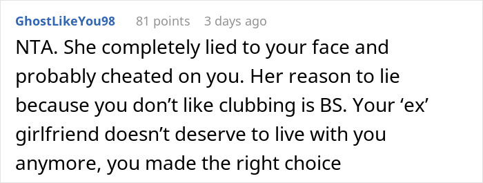 Comment on Reddit discussing a man kicking out his girlfriend after she secretly went clubbing and lost his car. Comment on Reddit discussing a man kicking out his girlfriend after she secretly went clubbing and lost his car.