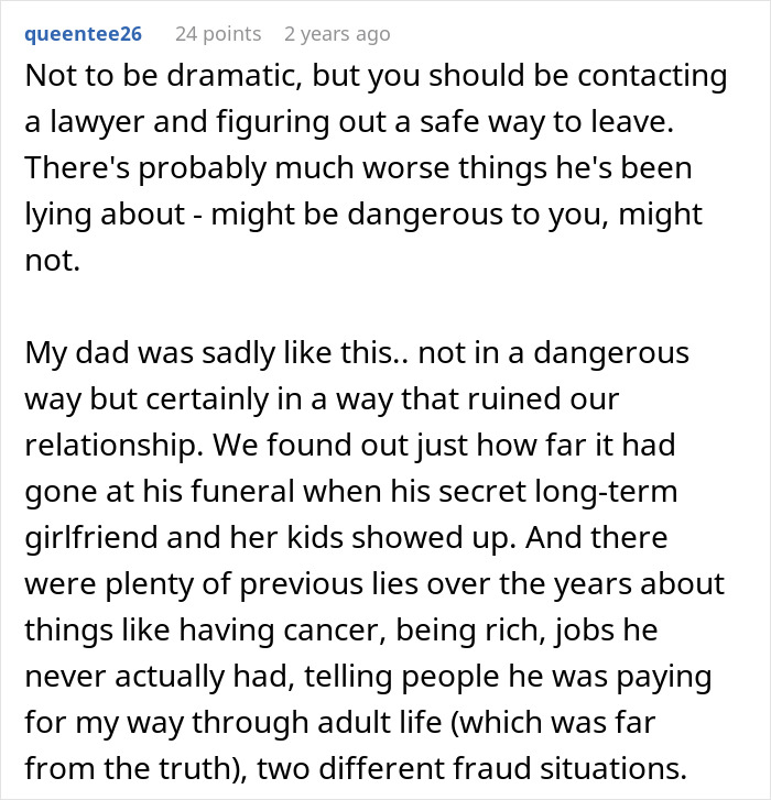 Comment discussing risks of partnering with a man lying about education and other personal truths uncovered by his wife. Comment discussing risks of partnering with a man lying about education and other personal truths uncovered by his wife.
