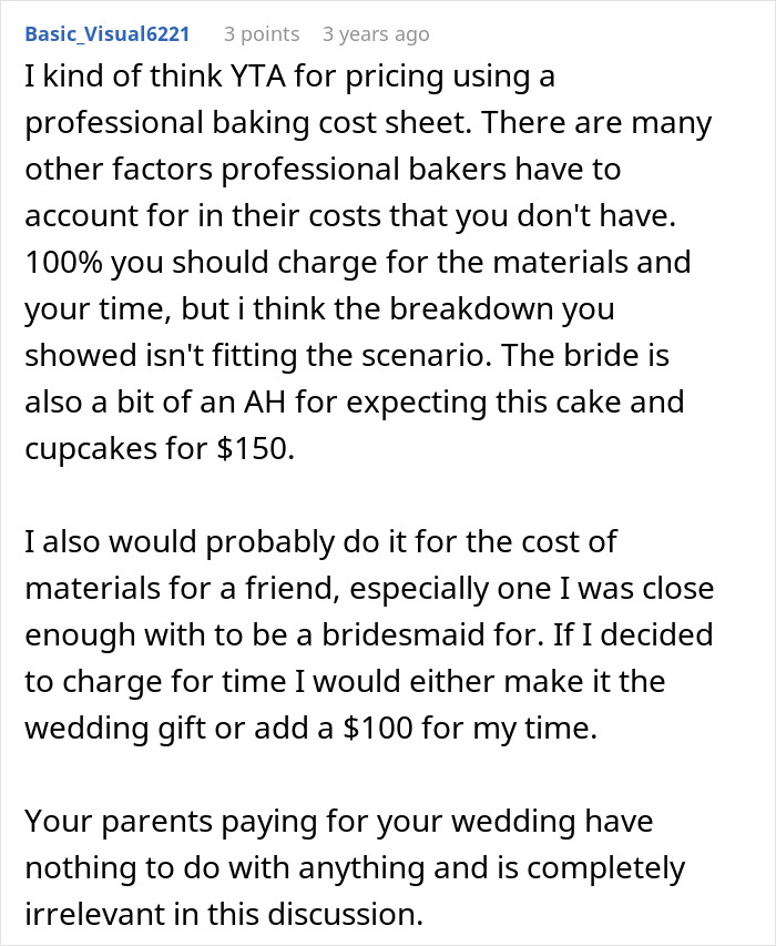 Text comment discussing the bride wanting to upgrade honeymoon at bridesmaid’s expense and receiving a reality check.