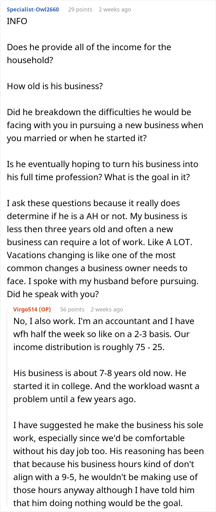 Online discussion about family vacation conflict after husband prioritizes business over trip plans.