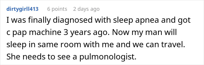 Screenshot of a forum comment discussing sleep apnea and dealing with a roommate’s snoring disrupting sleep.