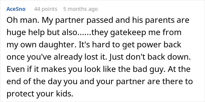 Comment explaining discomfort with leaving baby alone with mom or MIL due to trust and control issues.