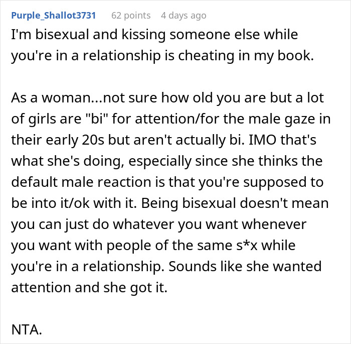 Comment discussing bisexuality and relationship boundaries in the context of a girlfriend kissing another woman in front of friends. Comment discussing bisexuality and relationship boundaries in the context of a girlfriend kissing another woman in front of friends.